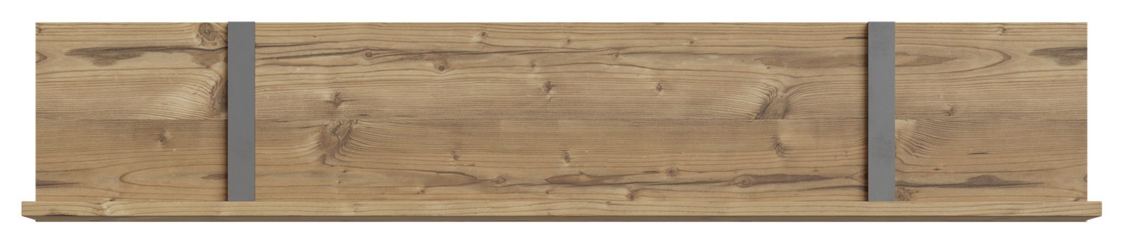 Frontale Ansicht eines Wandregals aus Holz mit zwei grauen Metallstreben.