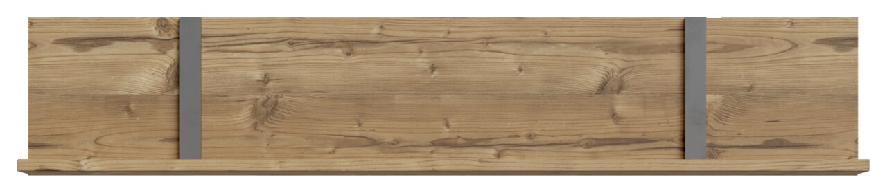Vooraanzicht van een houten wandrek met twee grijze metalen steunen.