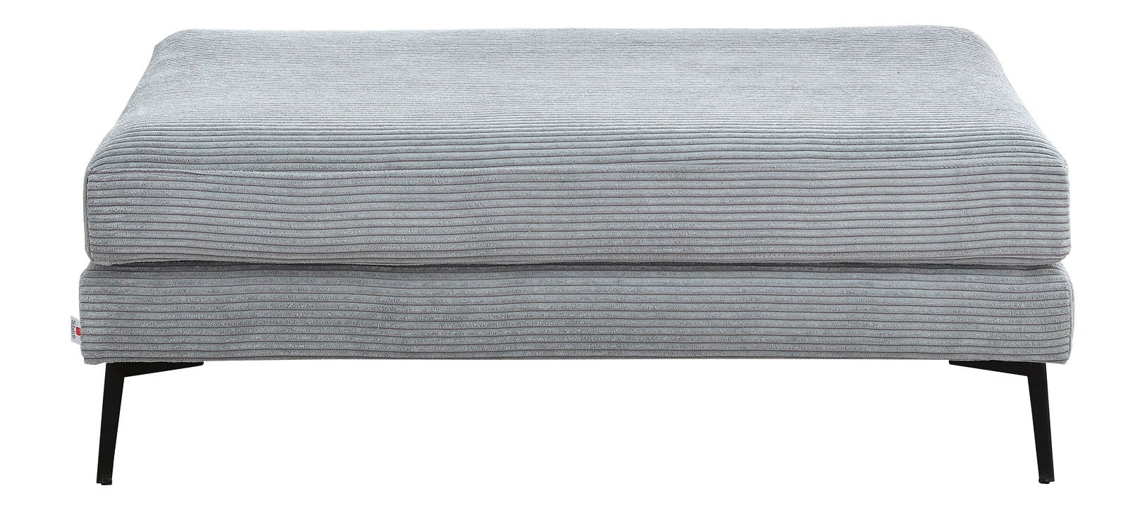 Grauer Hocker mit gestreiftem Stoffbezug und schwarzen Metallbeinen, Frontalansicht