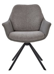 Grauer Armlehnstuhl mit gepolstertem Sitz und Rückenlehne, schwarzes Metallgestell, Frontalansicht