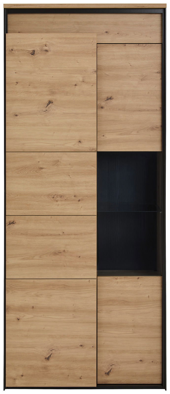 Vitrine aus Holz mit natürlicher Maserung, teilweise verglast, Frontalansicht