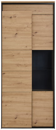 Vitrine aus Holz mit natürlicher Maserung, teilweise verglast, Frontalansicht