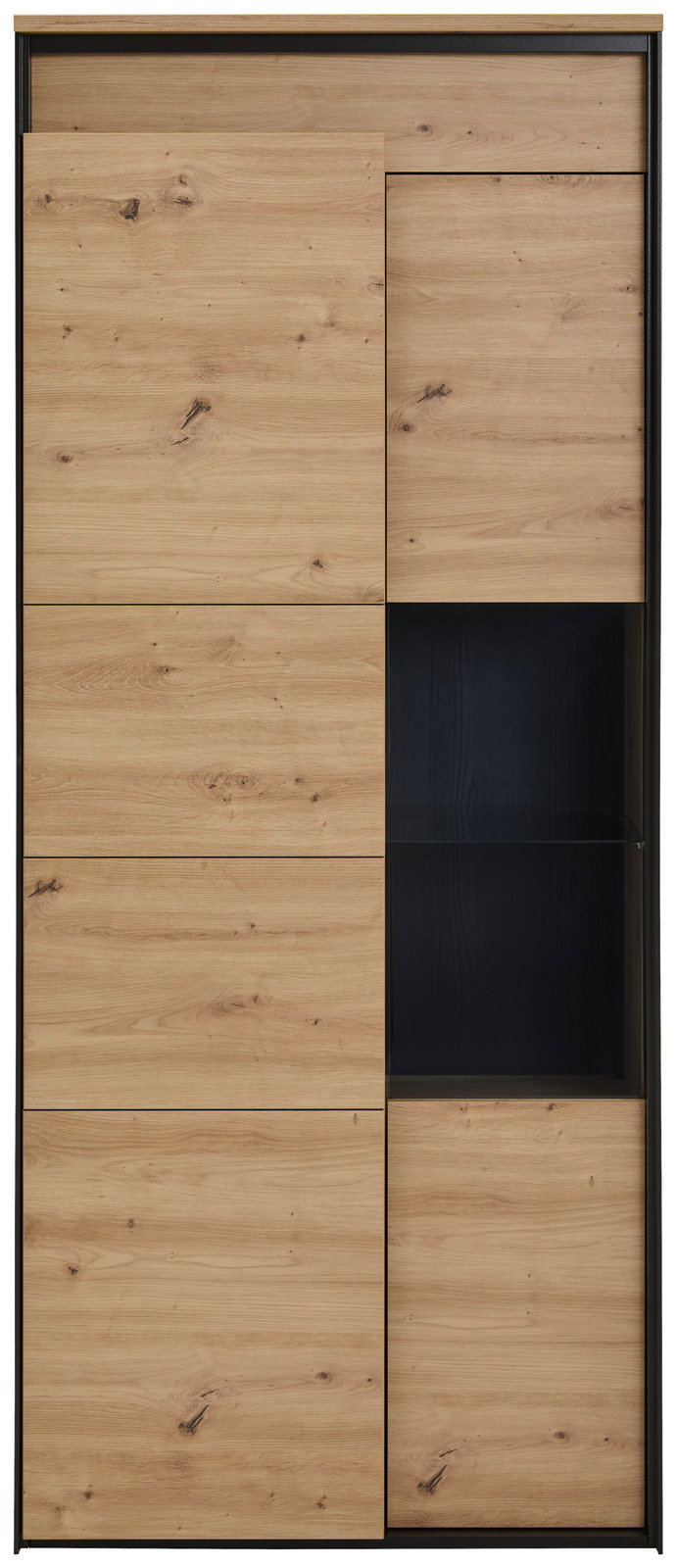 Vitrine aus Holz mit natürlicher Maserung, teilweise verglast, Frontalansicht