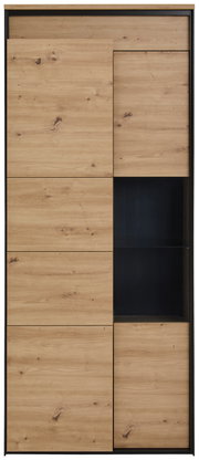 Vitrine aus Holz mit natürlicher Maserung, teilweise verglast, Frontalansicht