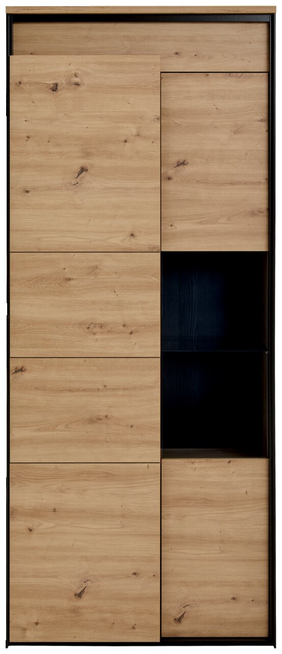 Vitrine aus Holz mit natürlicher Maserung, teilweise verglast, Frontalansicht