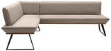 Eckbank in modernem Design mit grauem Stoffbezug und schwarzen Metallbeinen, seitliche Perspektive