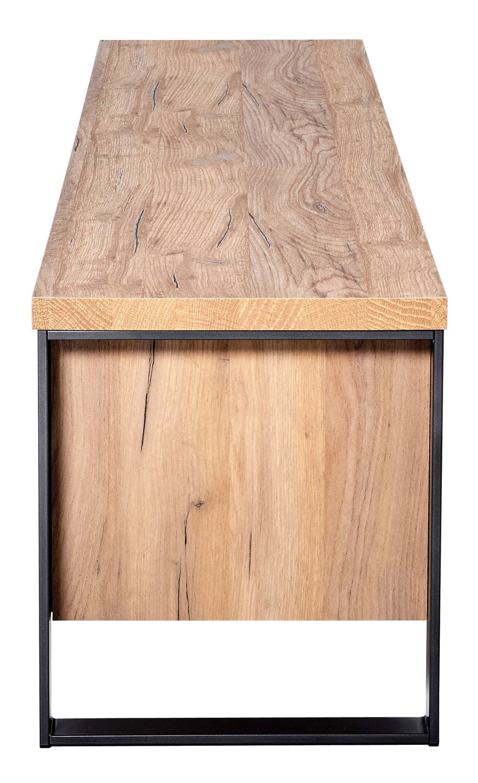 TV-Lowboard aus Holz mit Metallrahmen, Ansicht von der Seite
