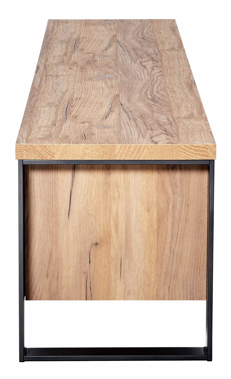 TV-Lowboard aus Holz mit Metallrahmen, Ansicht von der Seite