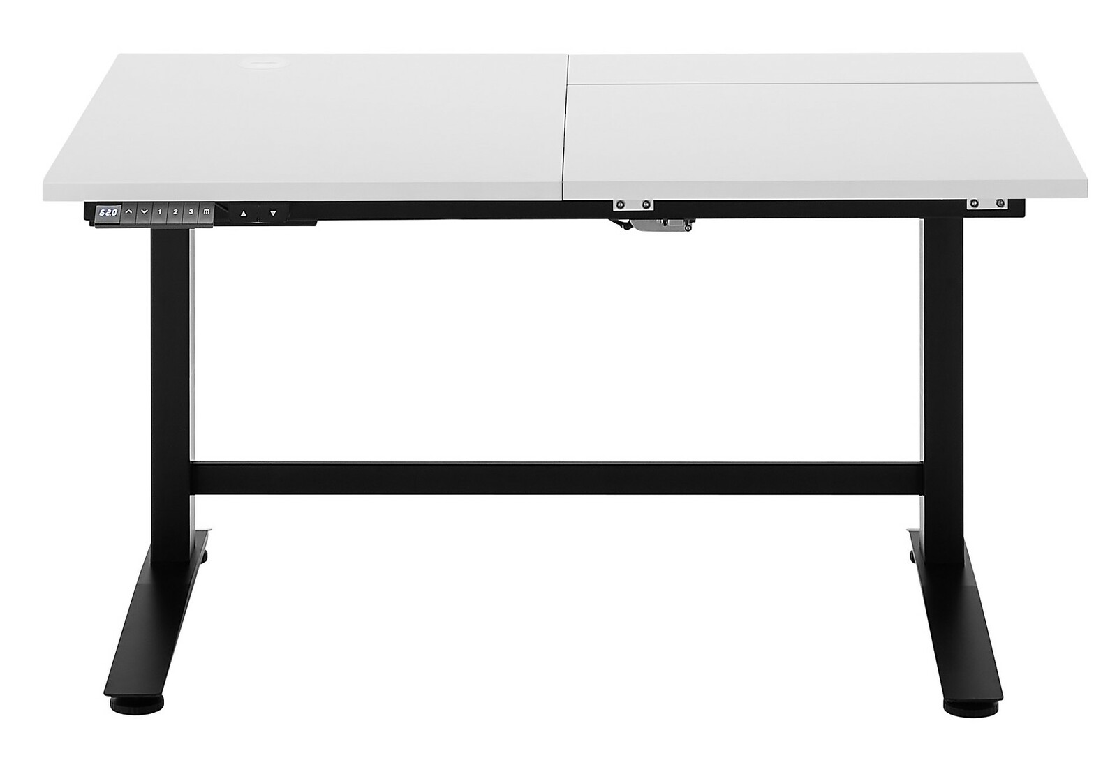 Moderner höhenverstellbarer E-Schreibtisch in Weiß mit schwarzem Gestell, Frontalansicht