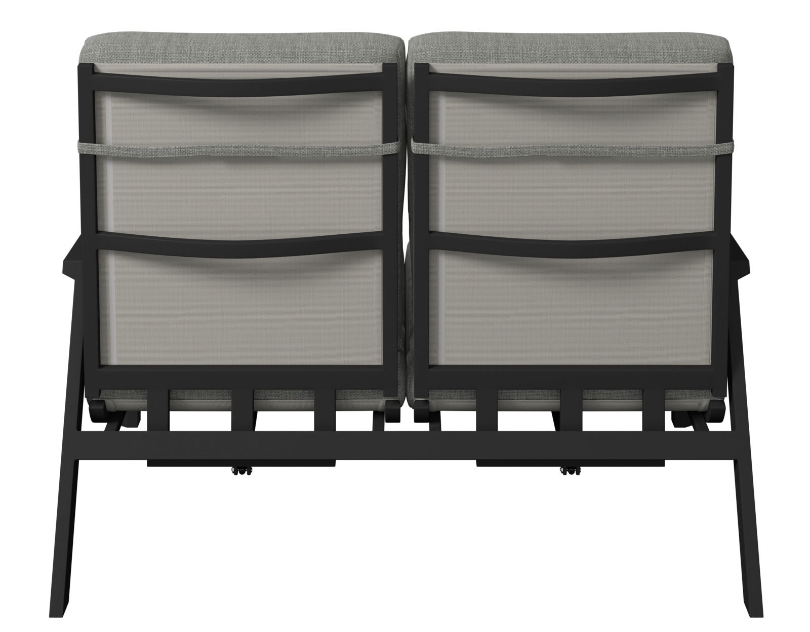 Rückansicht einer zweisitzigen Gartenbank mit grauen Kissen und schwarzem Rahmen.