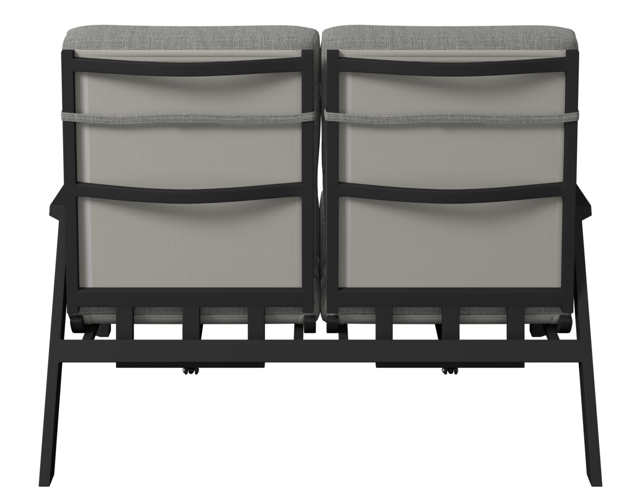 Rückansicht einer zweisitzigen Gartenbank mit grauen Kissen und schwarzem Rahmen.