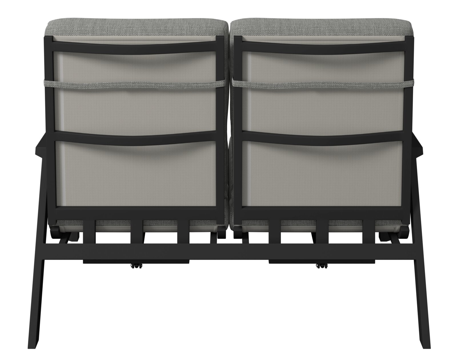 Rückansicht einer zweisitzigen Gartenbank mit grauen Kissen und schwarzem Rahmen.