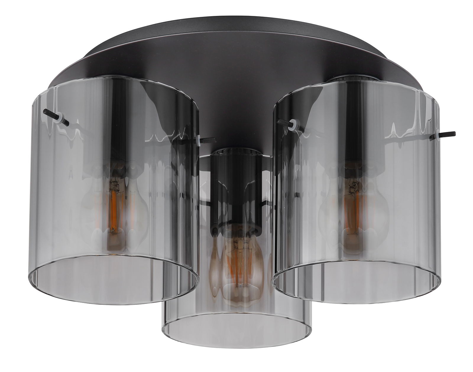 Globo Lighting Deckenleuchte TULIVAR Moderne Deckenleuchte TULIVAR mit drei rauchgrauen Glasschirmen, von unten betrachtet.