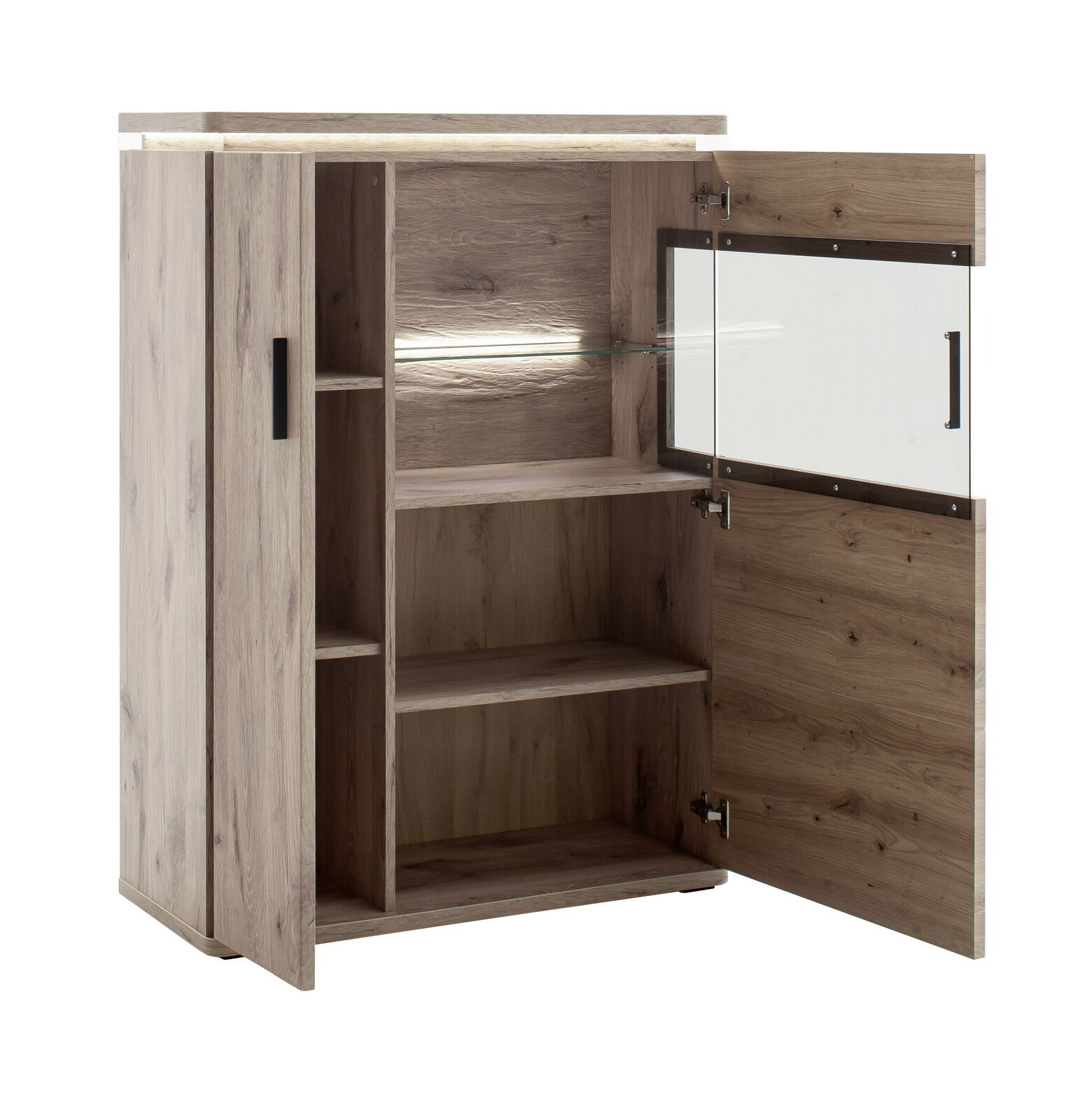 Zurbrüggen Highboard MODENA Hochwertiges Highboard aus Holz mit geöffneter Glastür, seitlicher Perspektive