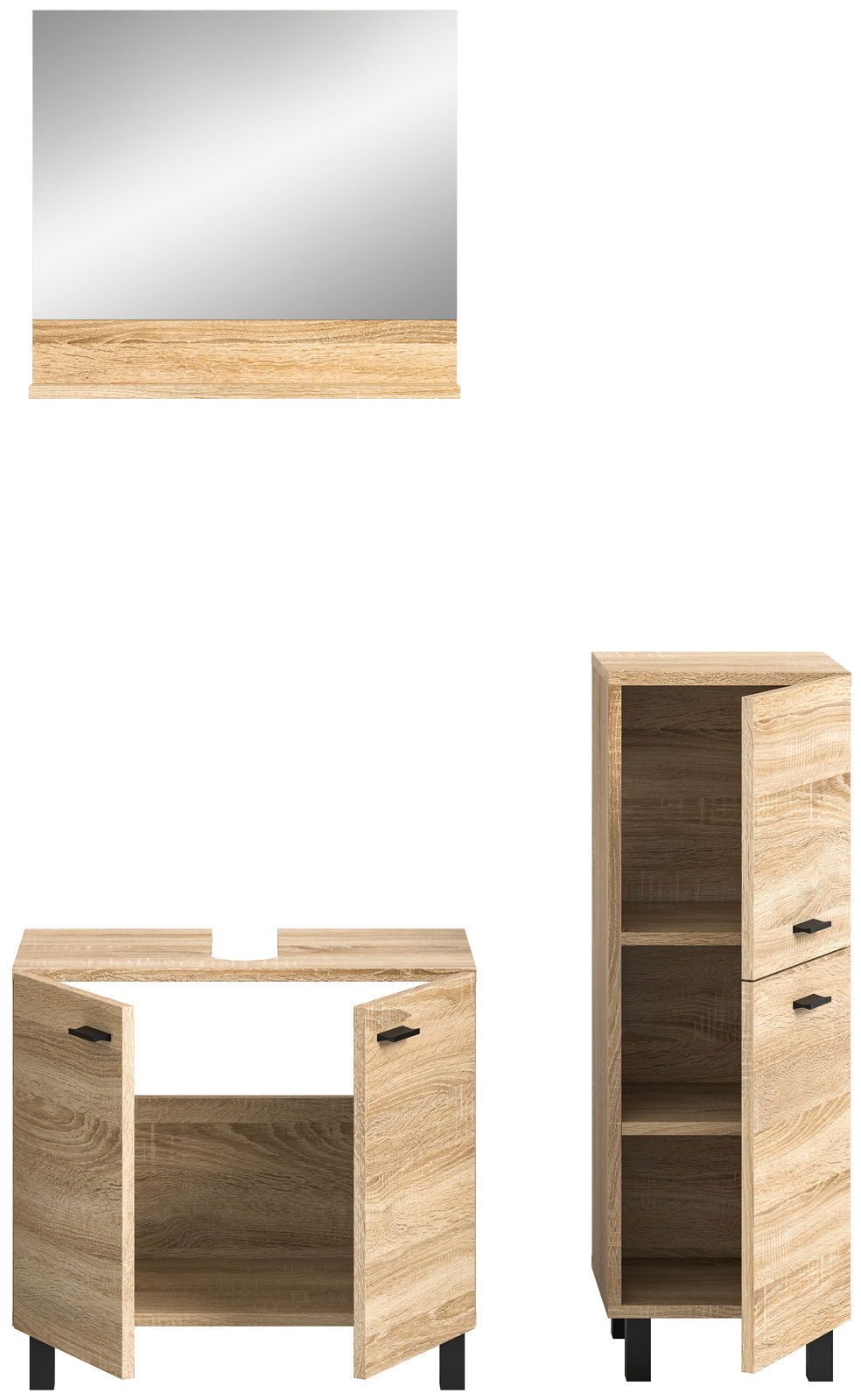Badezimmermöbel-Set in Holzoptik, bestehend aus einem Spiegel, einem Waschbeckenunterschrank und einem Hochschrank, frontal betrachtet.