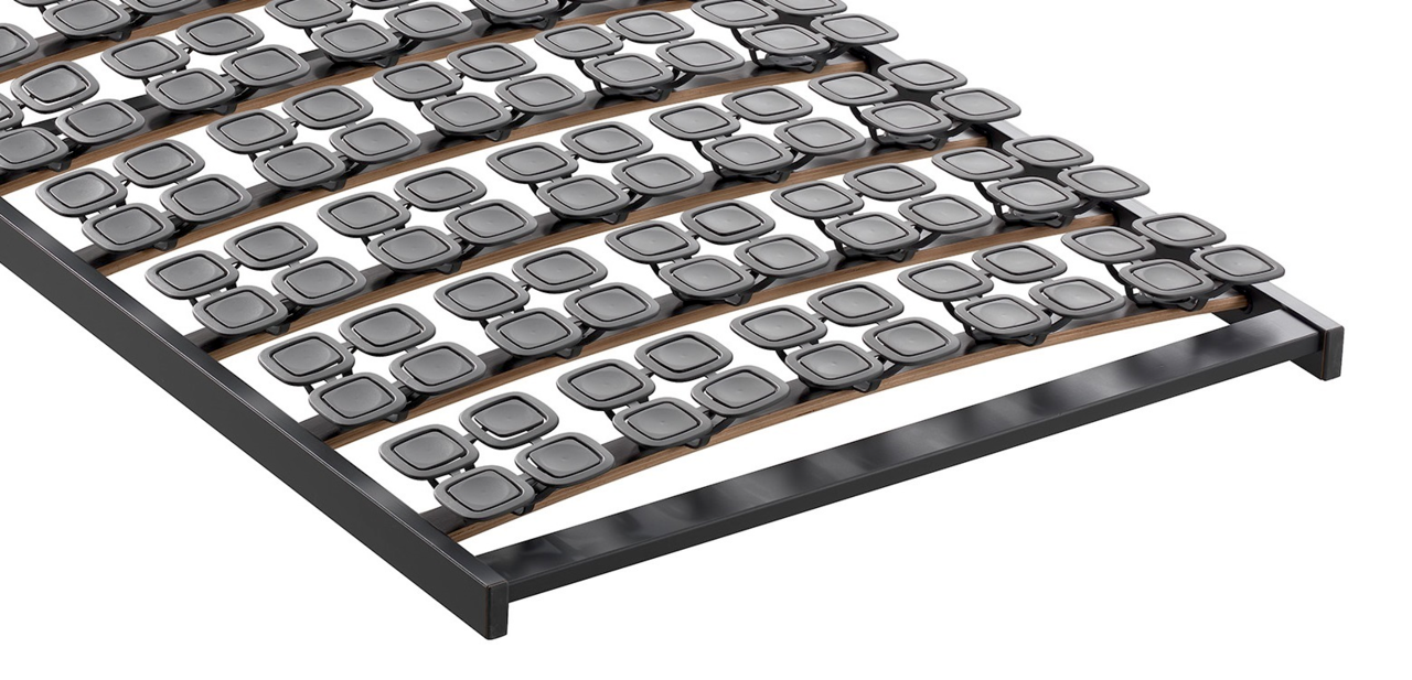 Federholzrahmen Flex S aus der Perspektive von oben, mit mehreren Reihen von flexiblen, quadratischen Elementen auf gebogenen Holzleisten.