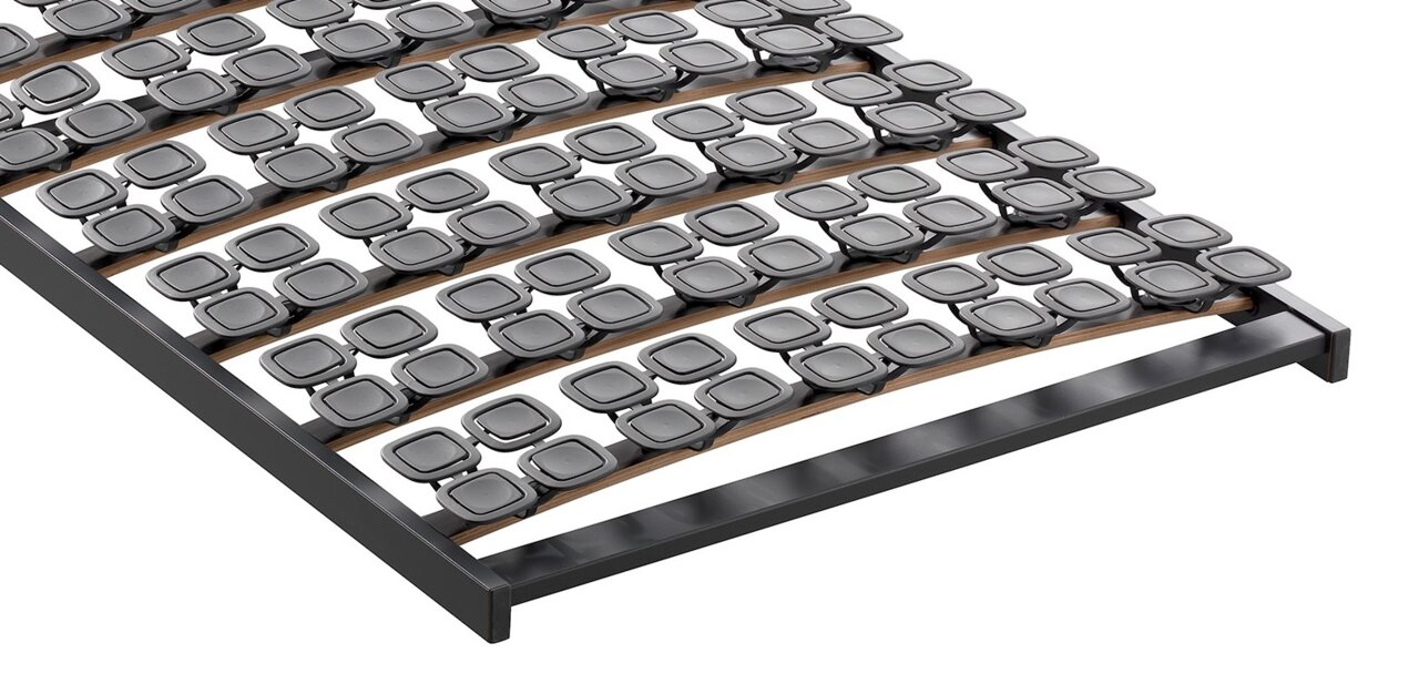 Federholzrahmen Flex S aus der Perspektive von oben, mit mehreren Reihen von flexiblen, quadratischen Elementen auf gebogenen Holzleisten.