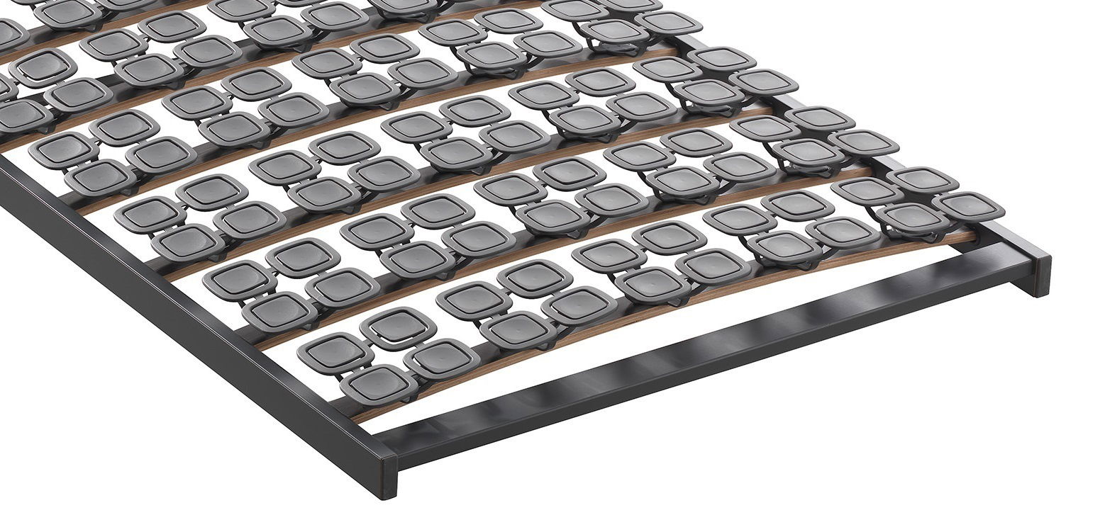 Federholzrahmen Flex S aus der Perspektive von oben, mit mehreren Reihen von flexiblen, quadratischen Elementen auf gebogenen Holzleisten.