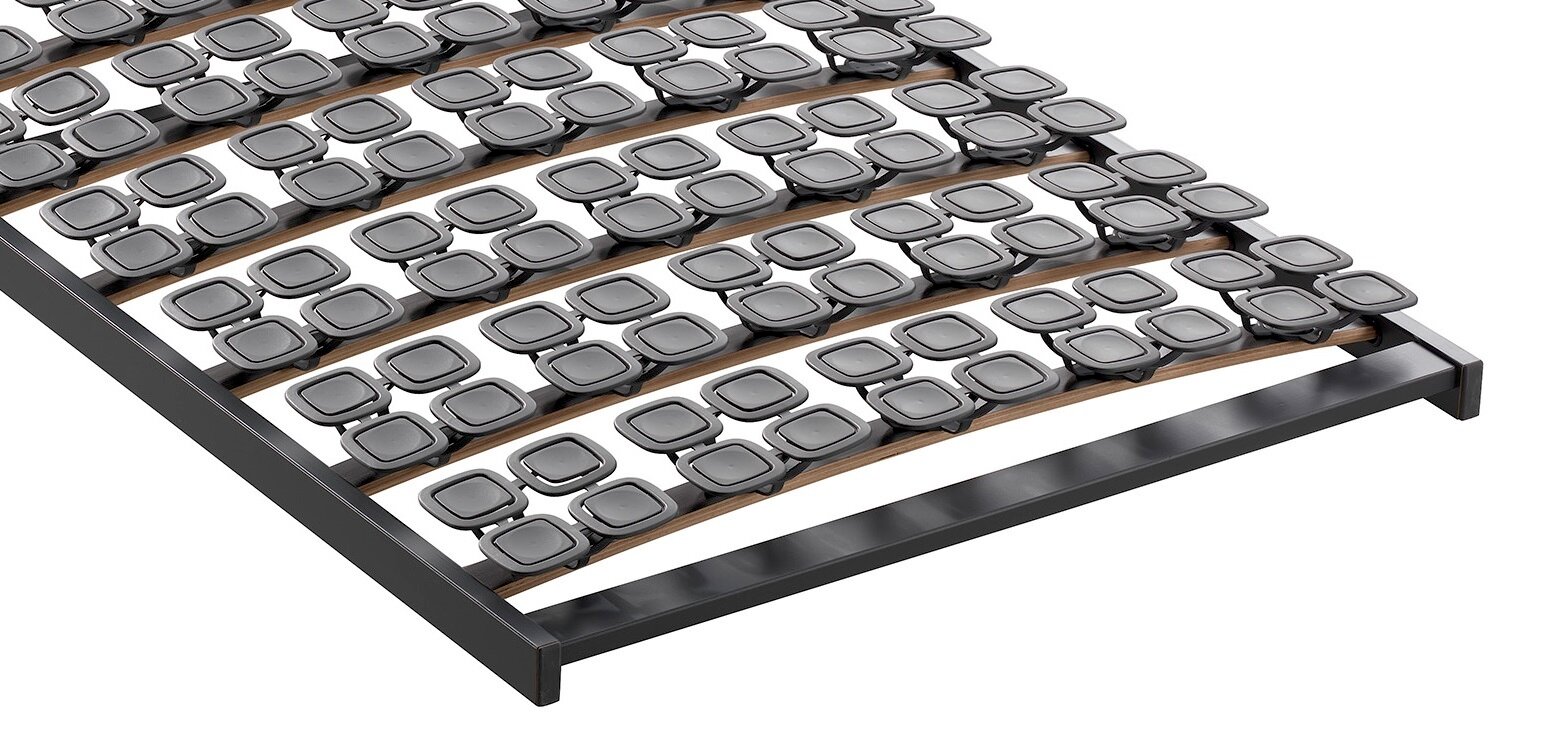Federholzrahmen Flex S aus der Perspektive von oben, mit mehreren Reihen von flexiblen, quadratischen Elementen auf gebogenen Holzleisten.