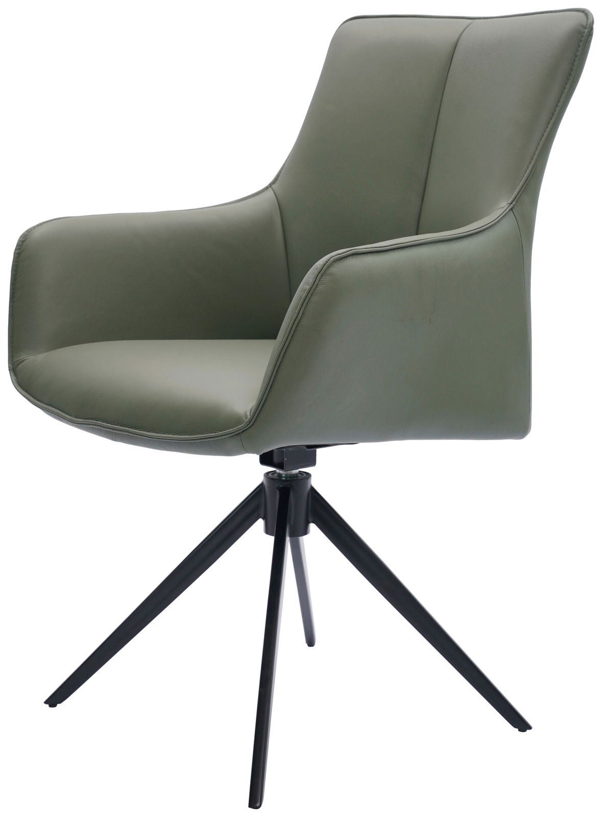 Moderner Armlehnstuhl in Olivgrün mit schwarzem Metallgestell, seitliche Perspektive