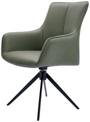 Moderner Armlehnstuhl in Olivgrün mit schwarzem Metallgestell, seitliche Perspektive