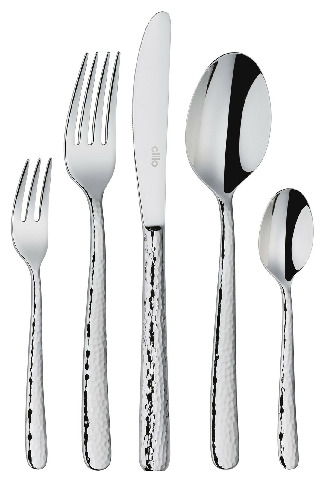 Cilio Besteck-Set 30-tlg. SAN MARINO Hochwertiges Besteck-Set mit gehämmerter Oberfläche, bestehend aus Messer, Gabel, Löffel, Dessertgabel und Teelöffel, aus der Vogelperspektive.