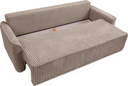 Schlafsofa mit geripptem Stoffbezug in beige, von oben betrachtet, mit ausgezogener Liegefläche.