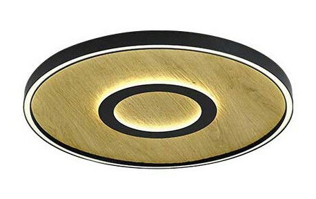 Runde LED-Deckenleuchte mit Holzoptik und schwarzem Rand, von unten betrachtet.