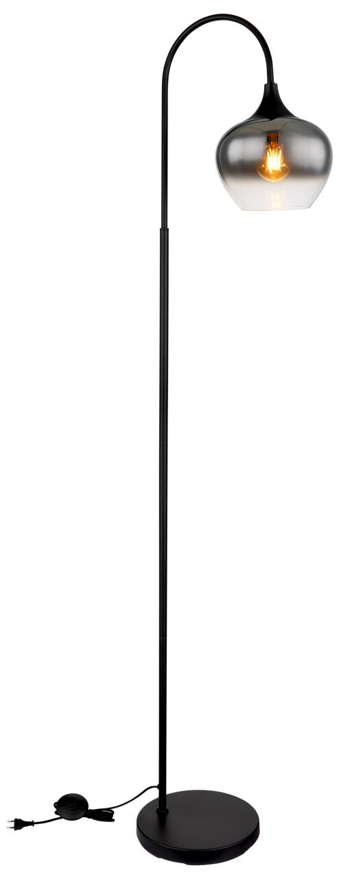 Moderne Stehleuchte mit gebogenem Stab und rauchgrauem Glasschirm, seitliche Perspektive