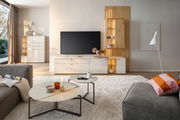 Moderne Wohnzimmer-Wandkombination mit TV, weißen Schränken und Holzakzenten, aus der Perspektive eines gemütlichen Wohnzimmers mit Sofa und Couchtischen.