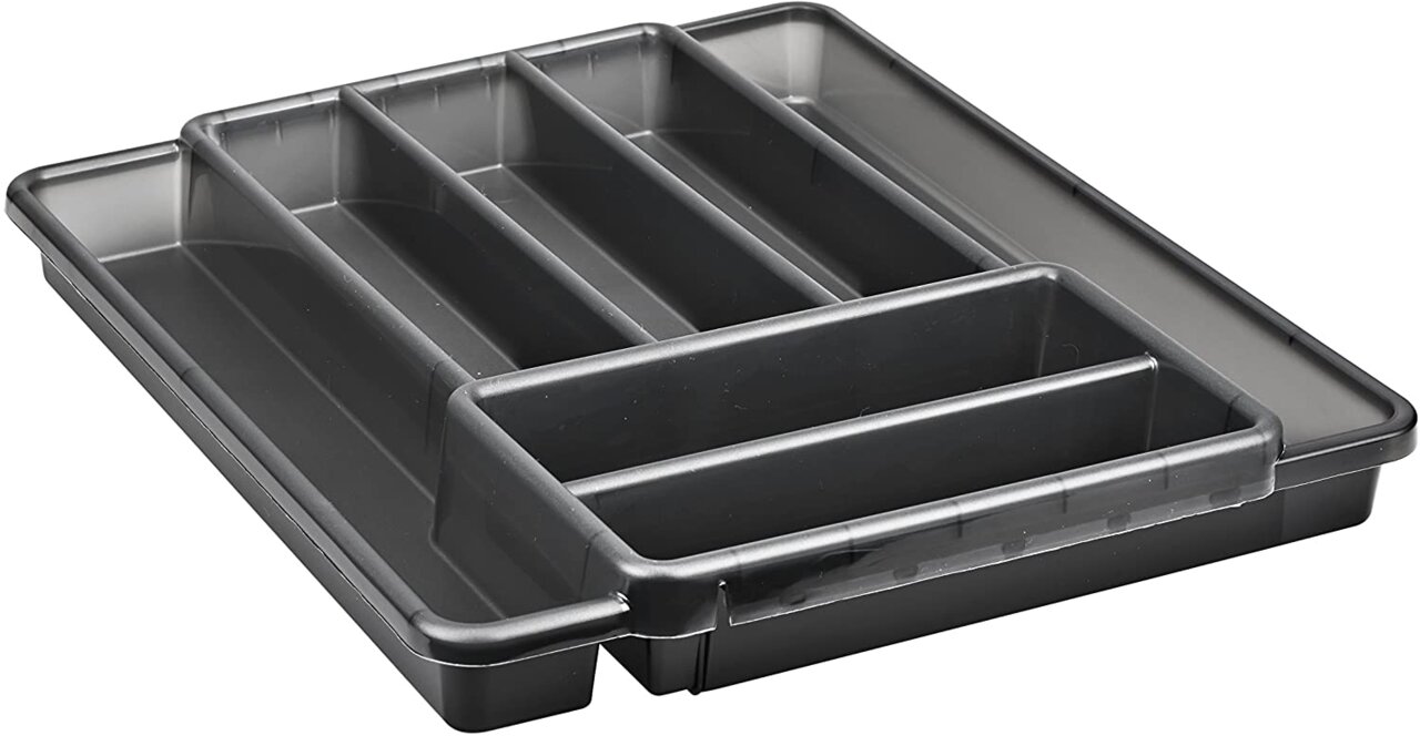 Schwarzer Besteckkasten DOMINO mit 7 Fächern, seitliche Perspektive