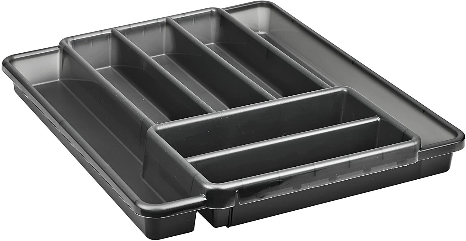 Schwarzer Besteckkasten DOMINO mit 7 Fächern, seitliche Perspektive