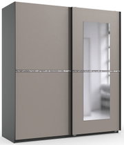 Schwebetürenschrank mit zwei Türen in der Farbe Grau, eine Tür mit integriertem Spiegel, Frontansicht.