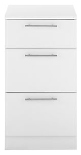 Weißer Unterschrank mit drei Schubladen und silbernen Griffen, Frontalansicht