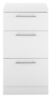 Weißer Unterschrank mit drei Schubladen und silbernen Griffen, Frontalansicht