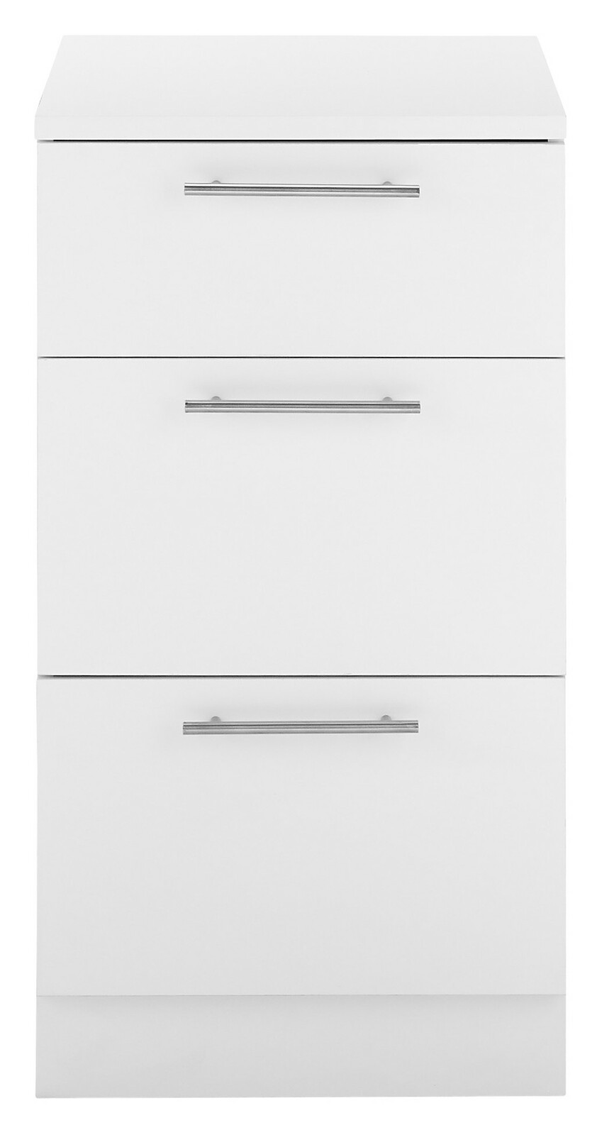 Weißer Unterschrank mit drei Schubladen und silbernen Griffen, Frontalansicht