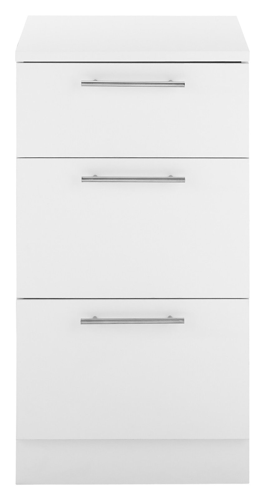 Weißer Unterschrank mit drei Schubladen und silbernen Griffen, Frontalansicht
