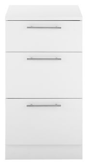 Weißer Unterschrank mit drei Schubladen und silbernen Griffen, Frontalansicht