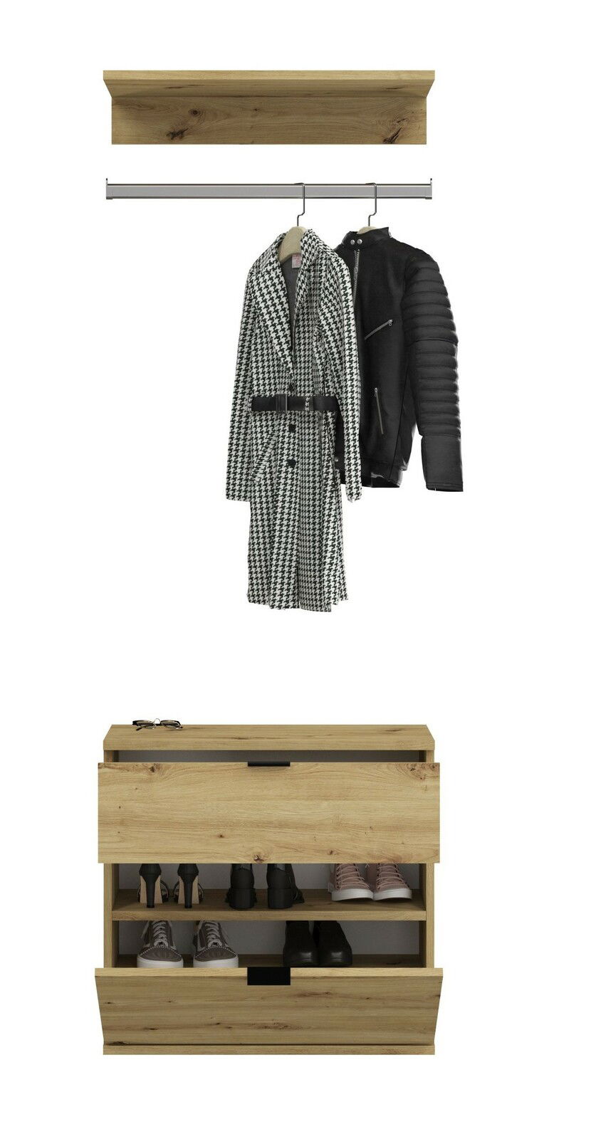 Frontale Ansicht einer Garderobenkombination mit hölzernem Regalbrett, Kleiderstange mit Mänteln und einer Kommode mit offenen Schubladen, die Schuhe zeigen.