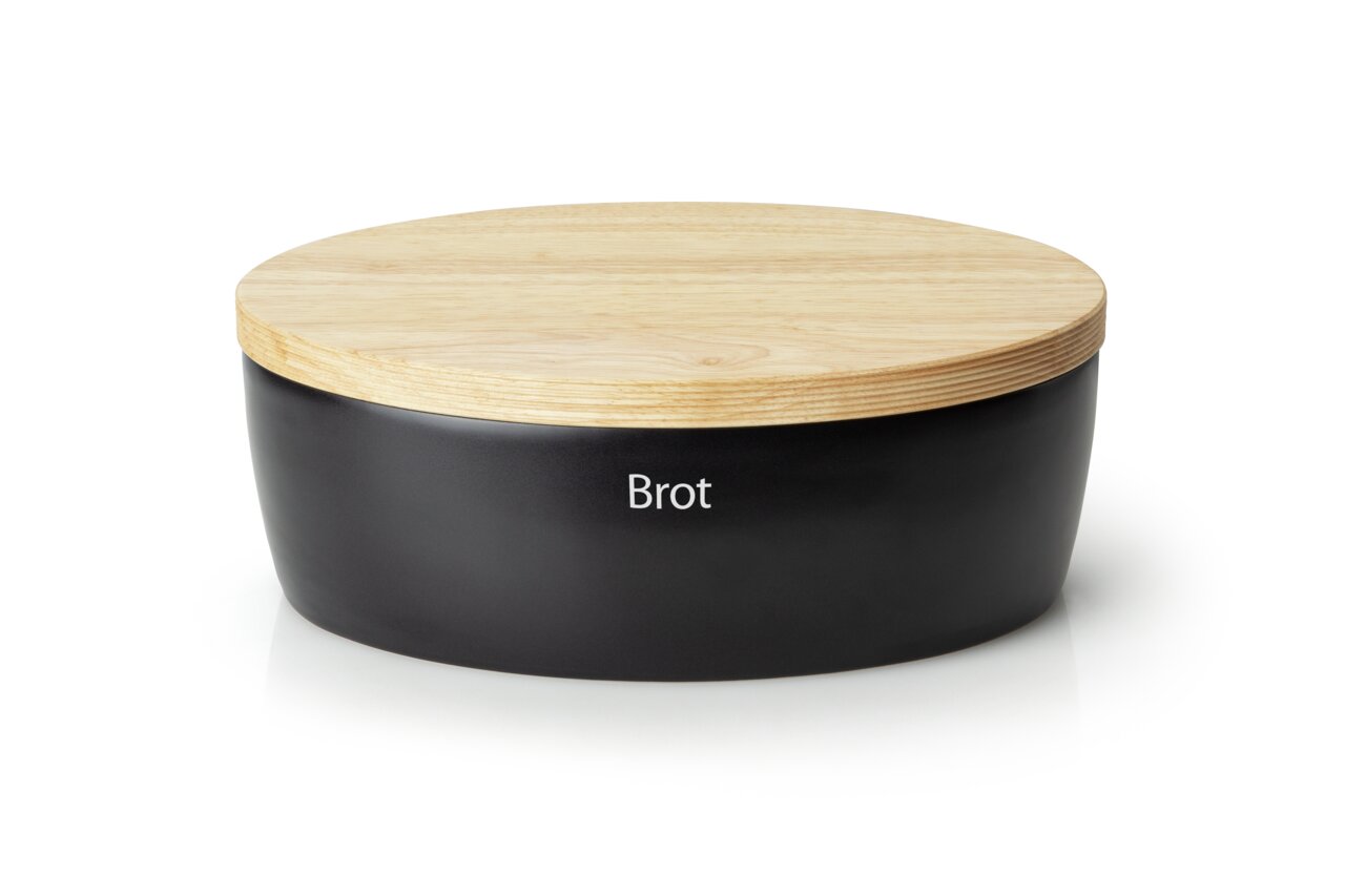 Ovaler Brottopf aus der Continenta Brottopf-Serie, schwarz mit Holzdeckel, frontal fotografiert.