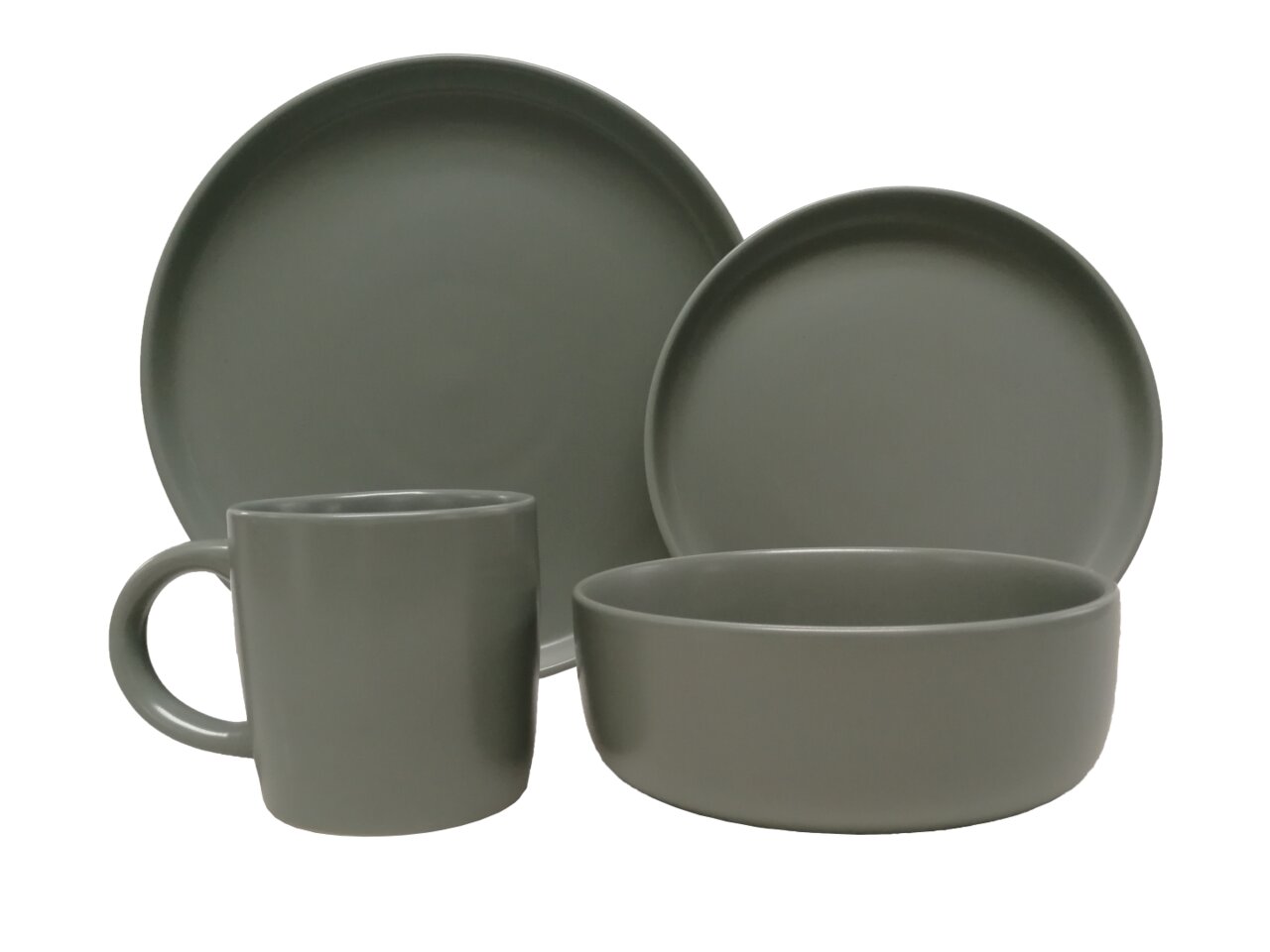 Graues Kombiservice 16-tlg. bestehend aus Teller, Schüssel und Tasse, seitliche Perspektive