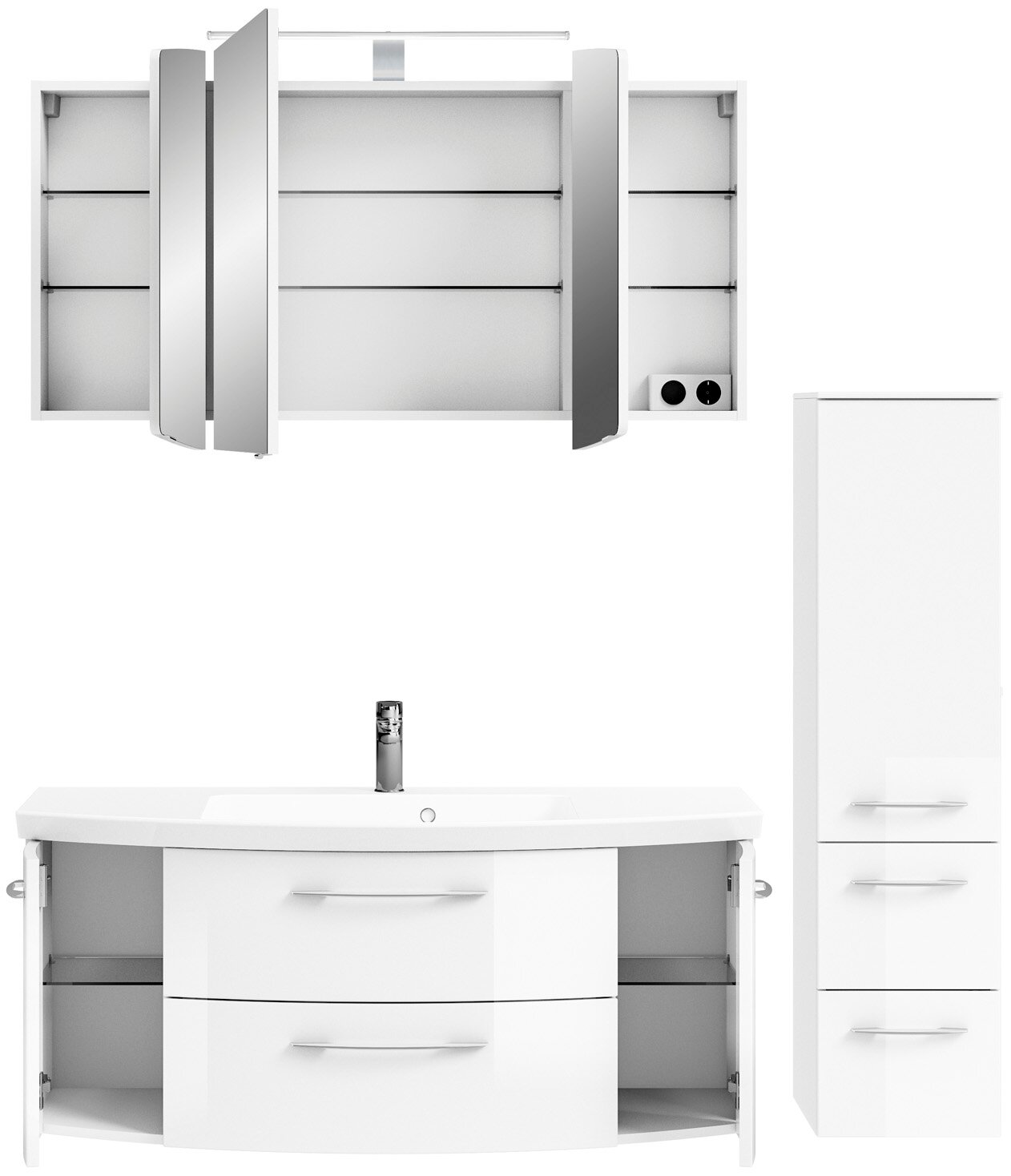 Moderne Badkombination mit Spiegelschrank, Waschbeckenunterschrank und hohem Schrank, frontal abgebildet.