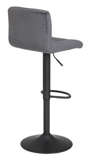 Grauer Barhocker mit Rückenlehne, seitliche Perspektive, schwarzes Metallgestell und Fußstütze.