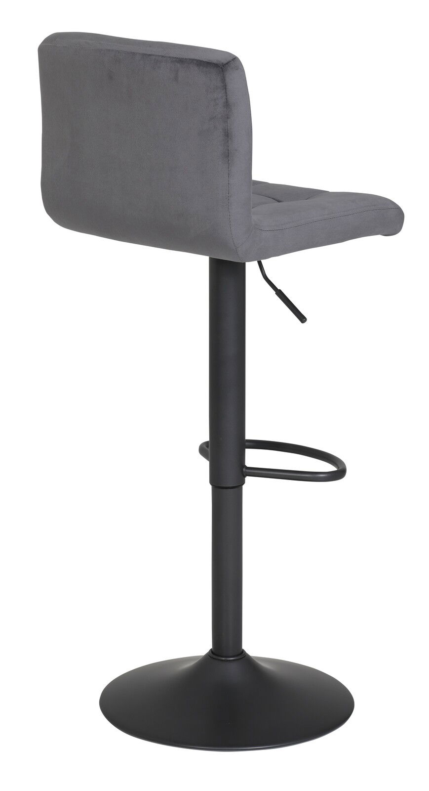 Grauer Barhocker mit Rückenlehne, seitliche Perspektive, schwarzes Metallgestell und Fußstütze.