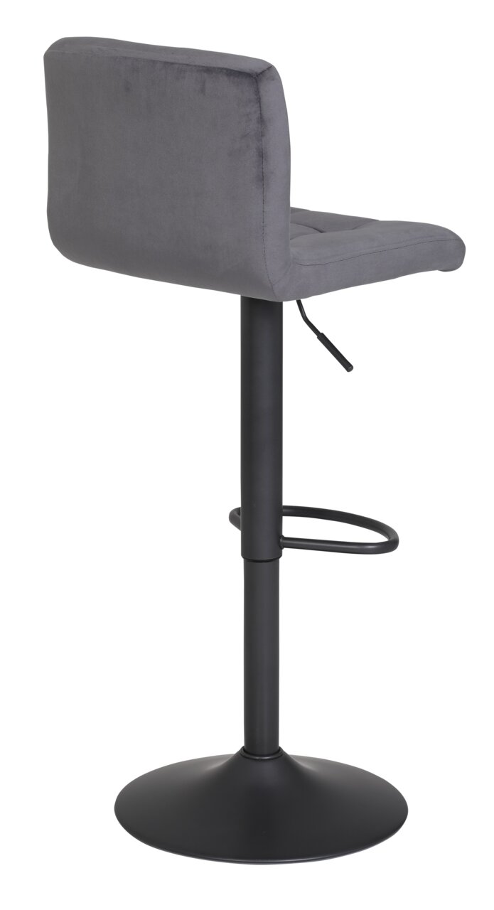 Grauer Barhocker mit Rückenlehne, seitliche Perspektive, schwarzes Metallgestell und Fußstütze.