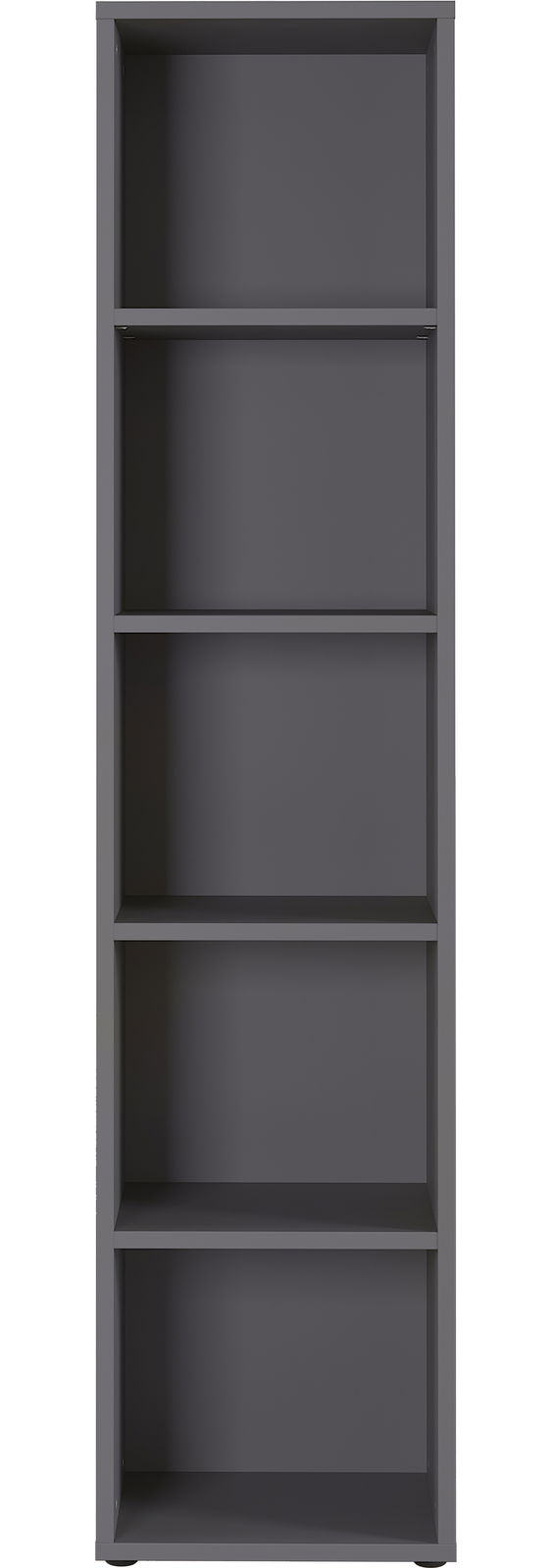 Graues Aktenregal mit fünf offenen Fächern, Frontalansicht