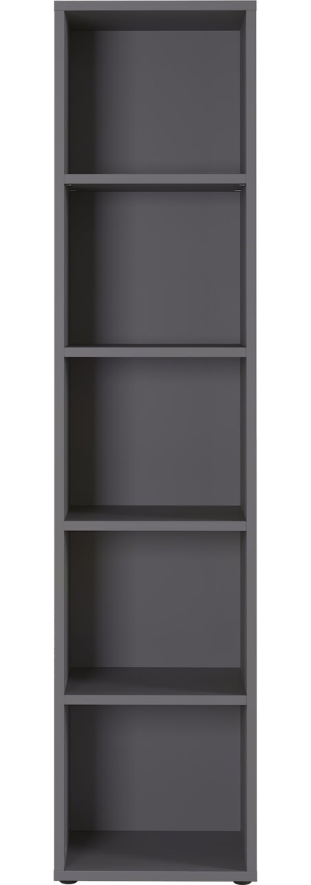 Graues Aktenregal mit fünf offenen Fächern, Frontalansicht