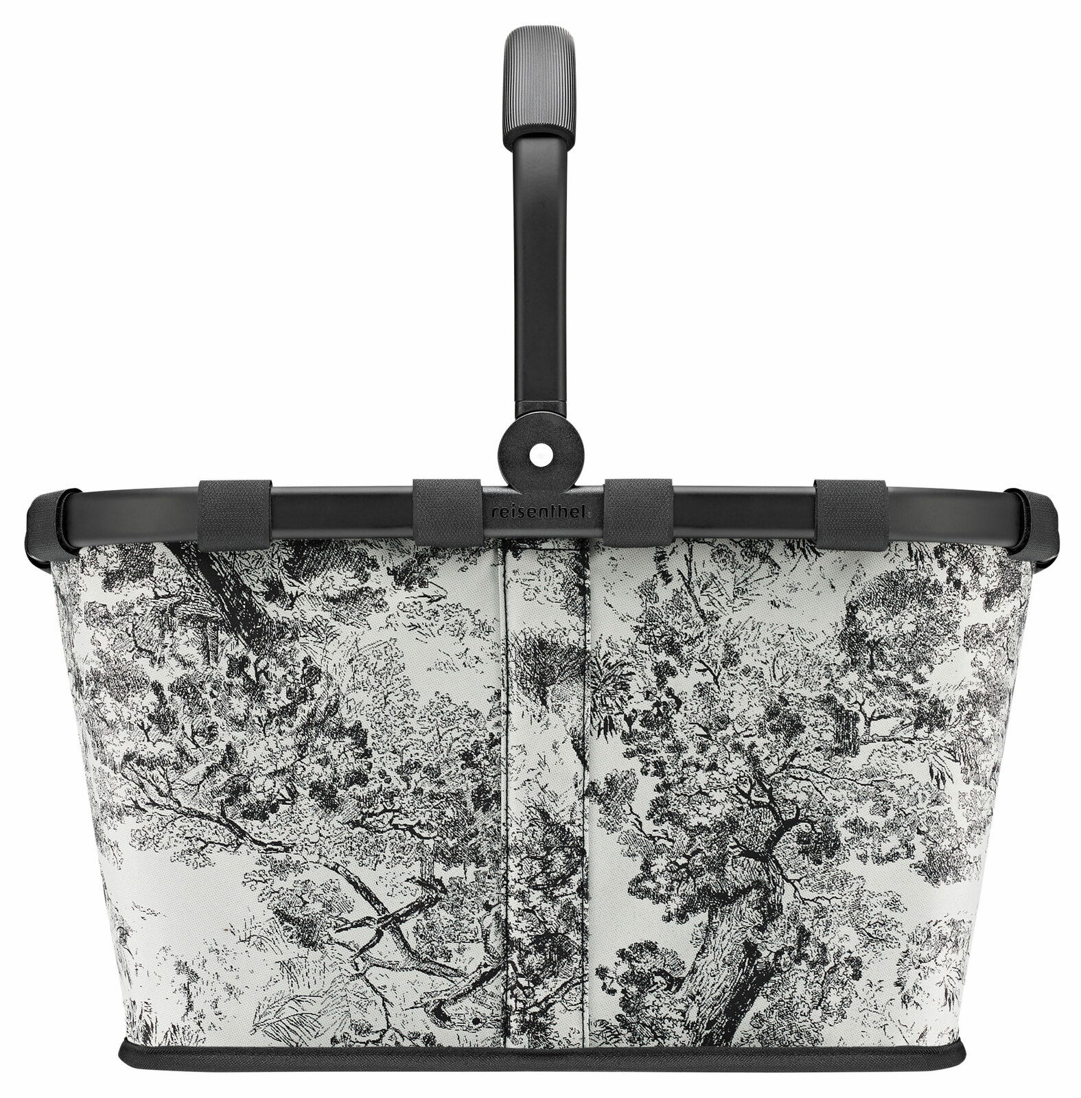 Carrybag mit schwarz-weißem Baum-Muster, seitliche Perspektive