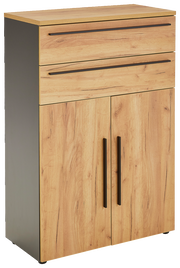 Holzfarbener Aktenschrank mit zwei Schubladen und zwei Türen, seitliche Perspektive