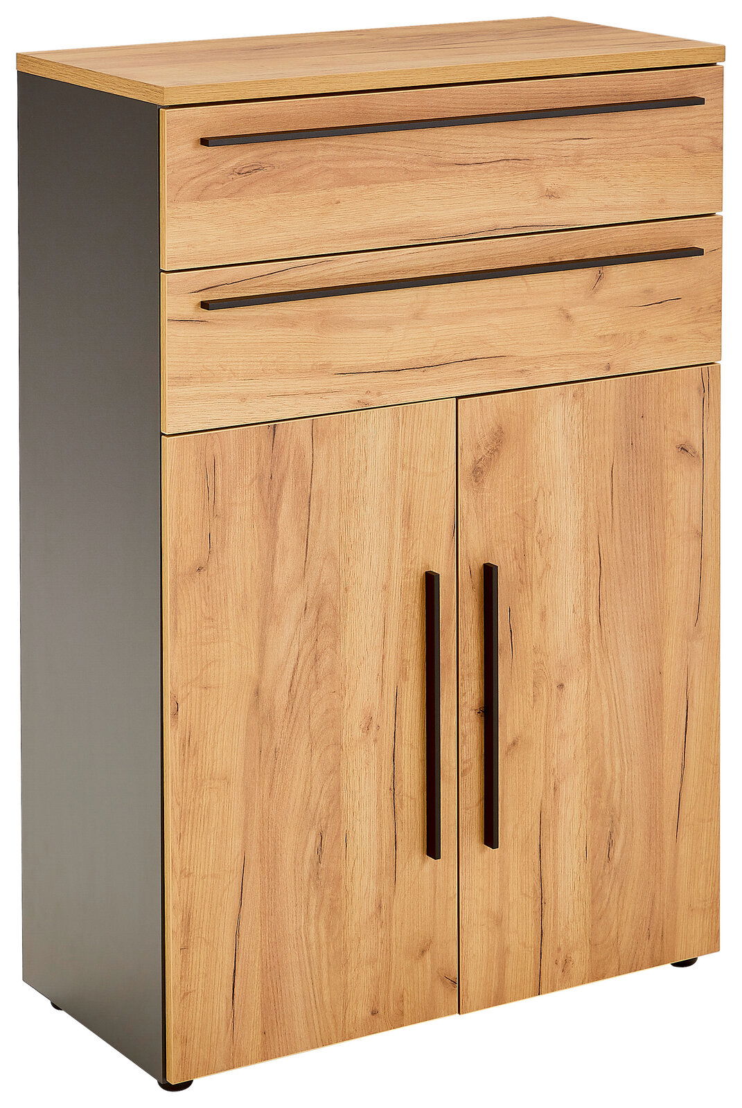 Novel Aktenschrank niedrig RENTON Holzfarbener Aktenschrank mit zwei Schubladen und zwei Türen, seitliche Perspektive